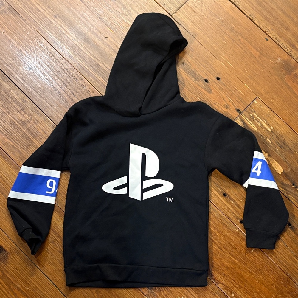 Sony Black Hoodie with White PlayStation Logo and Blue Sleeve Stripes